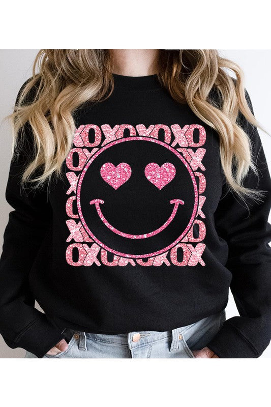 XOXO Smiley Face Faux Sequin Glitter Fleece Sweatshirt